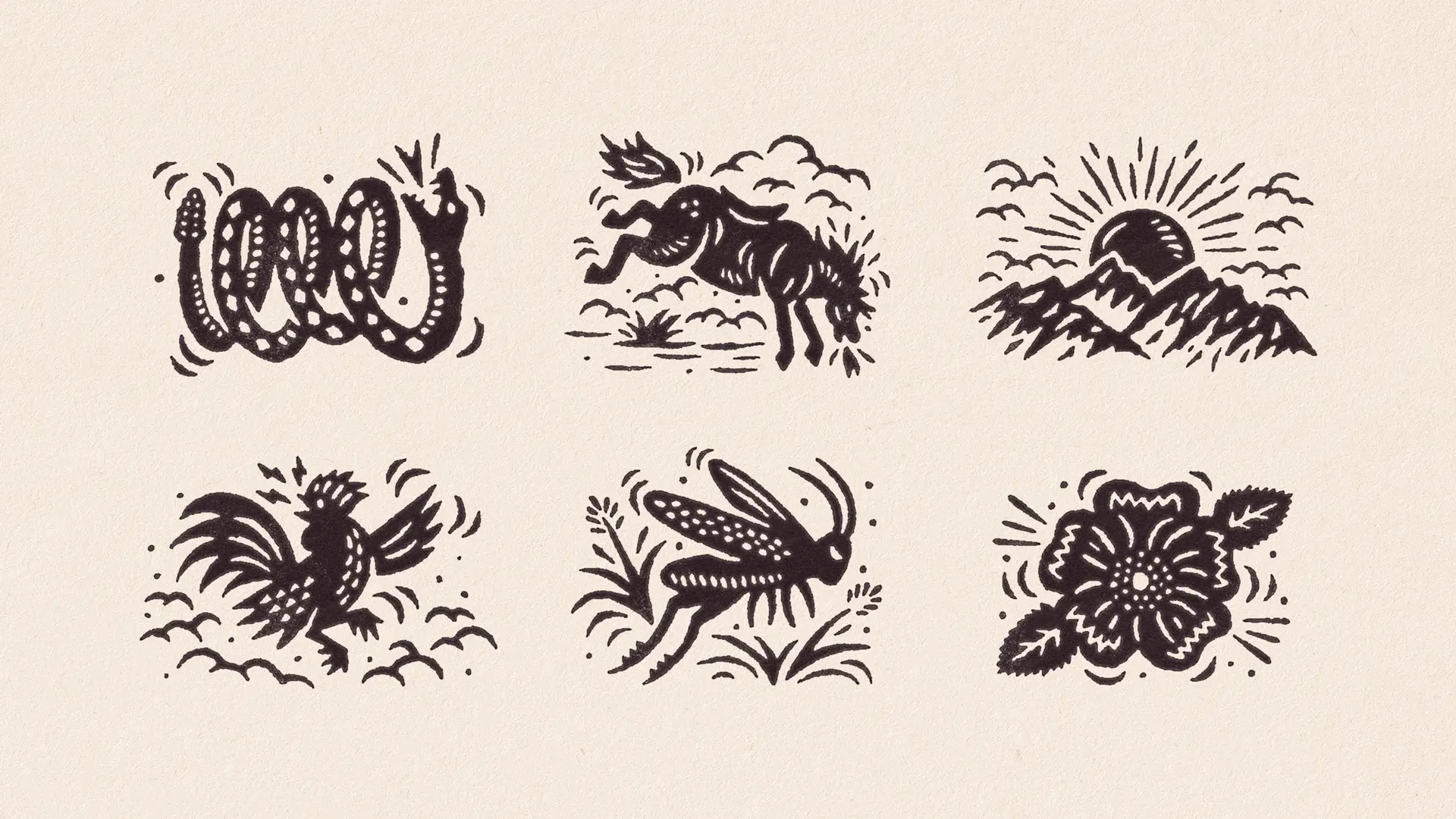Six vintage woodcut nature vignettes on beige paper