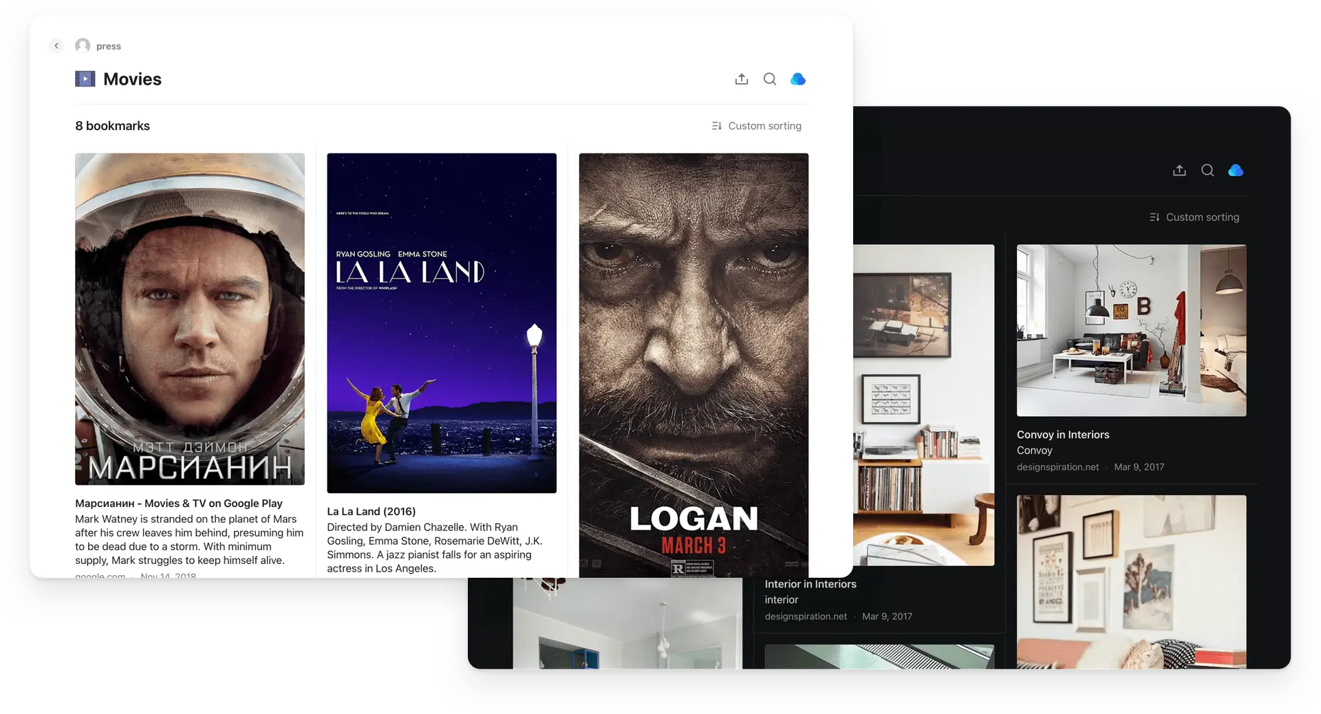 Raindrop.io bookmarks UI — Movies collection (The Martian, La La Land, Logan) with dark‑UI