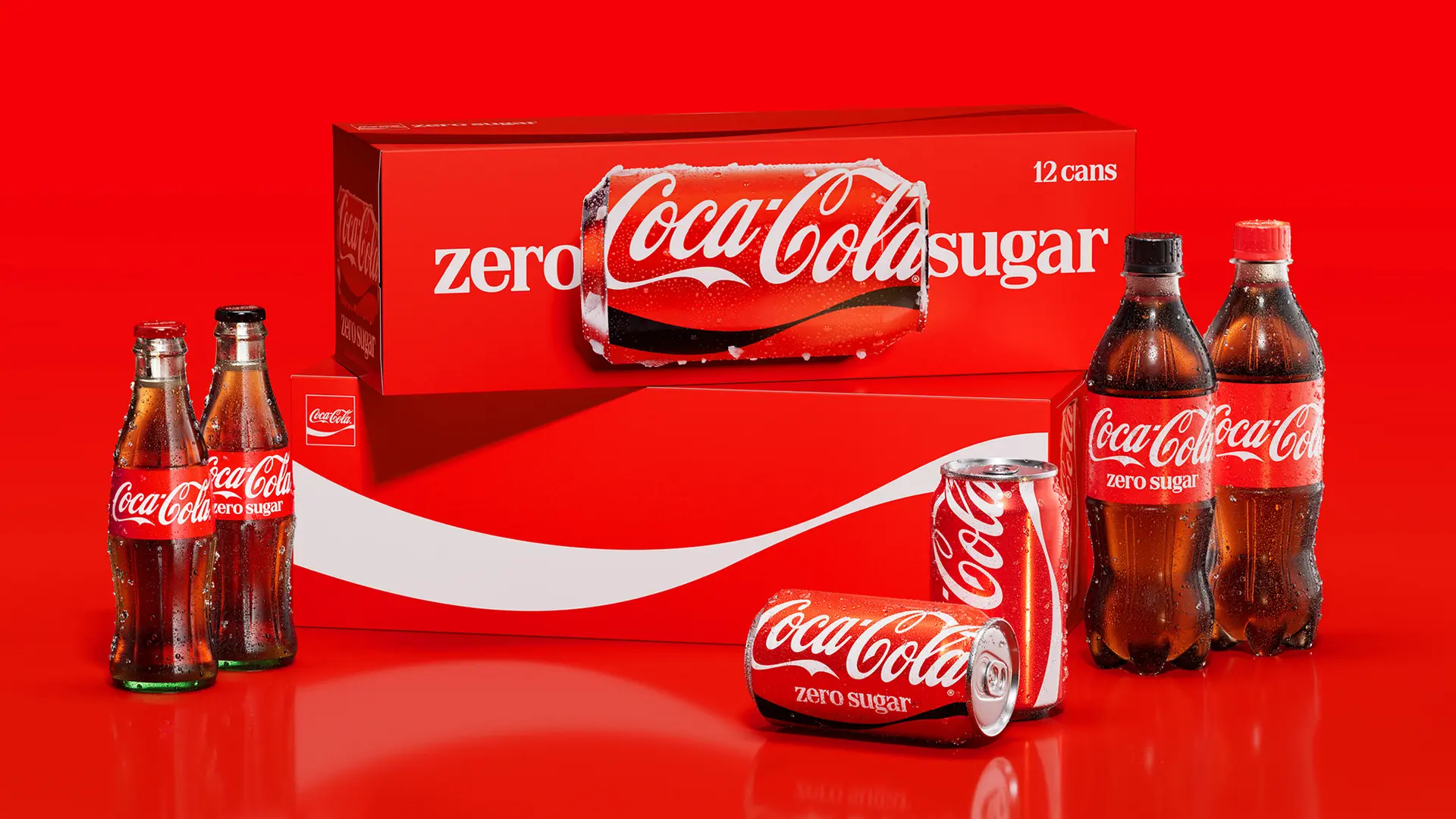Coca‑Cola Zero Sugar packaging family — cans, glass & PET bottles, 12‑can carton