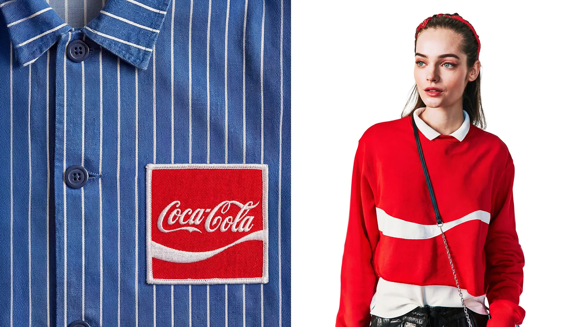 Coca-Cola Classics merch — red sweatshirt and embroidered logo patch on blue pinstripe