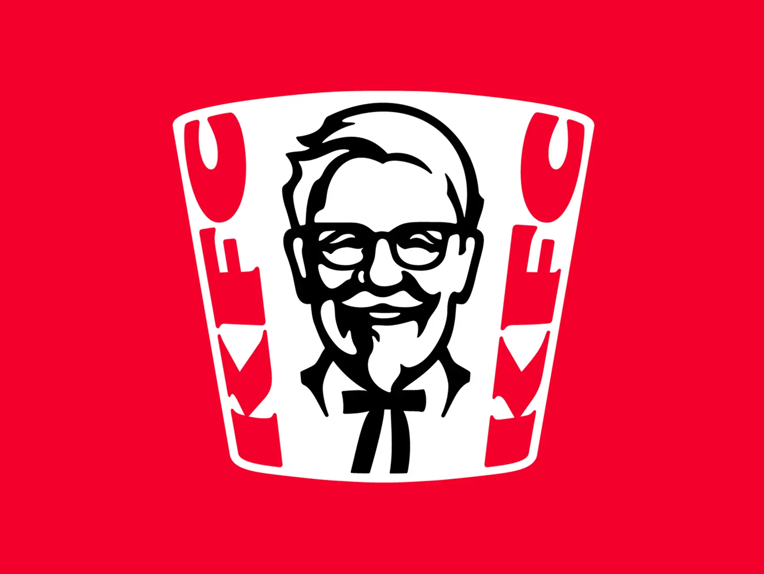 KFC bucket logo — white bucket with stylized black portrait on red background