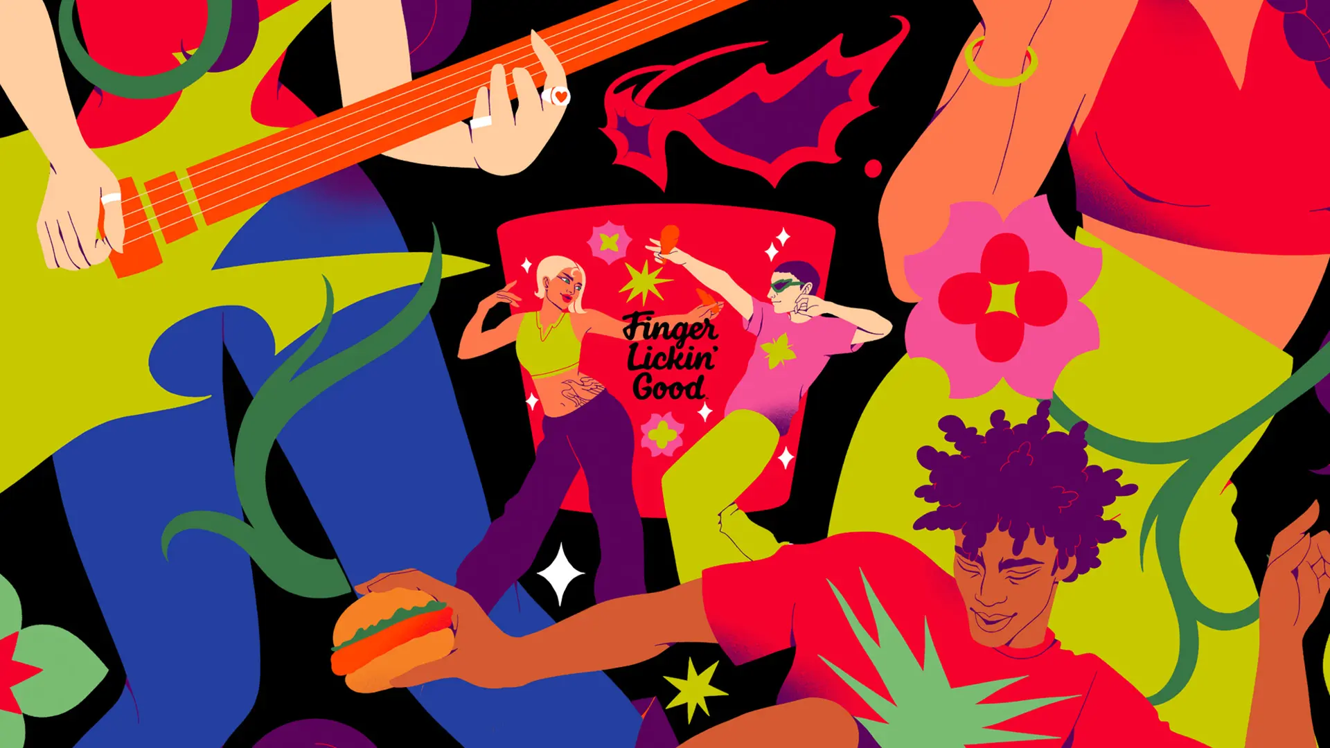 KFC promotional illustration — neon music-festival scene with 'Finger Lickin' Good' poster