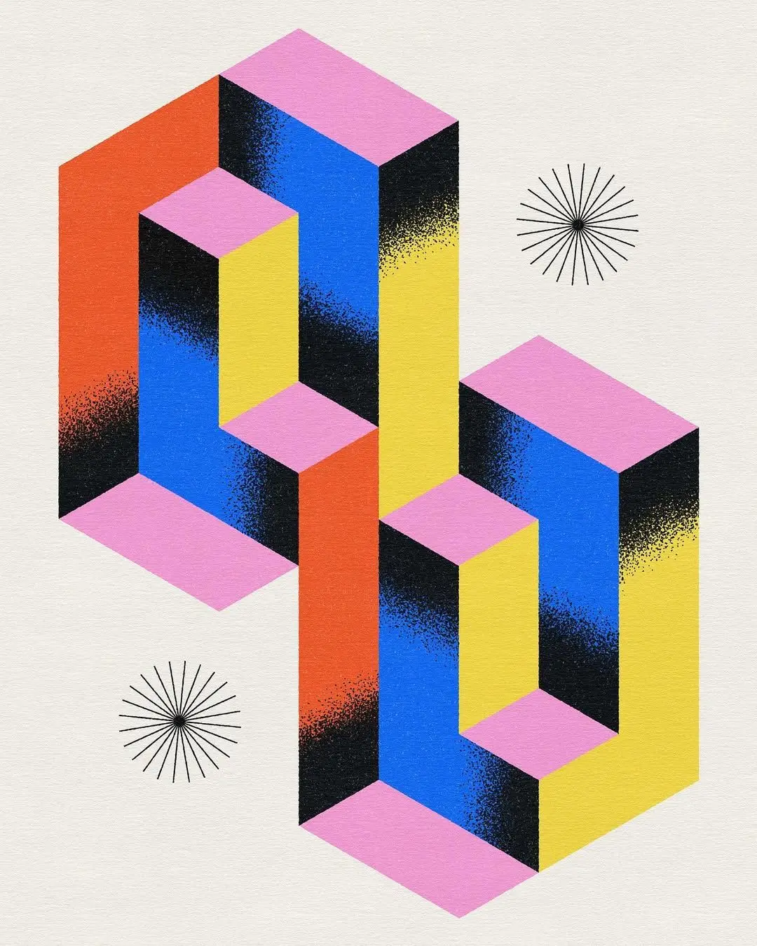 Isometric Halftone Interlocking Blocks — Neon Screenprint Poster