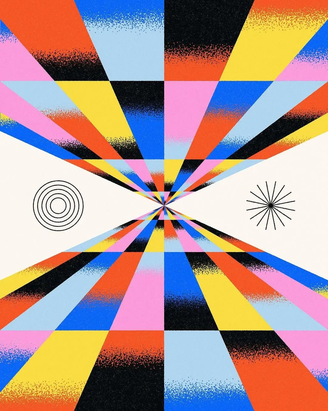 Multicolored Radial Op Art — Halftone Beams Converging to a Vanishing Point
