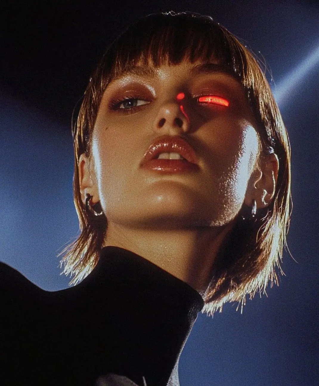 Cinematic cyberpunk portrait — glowing red eye, wet bob