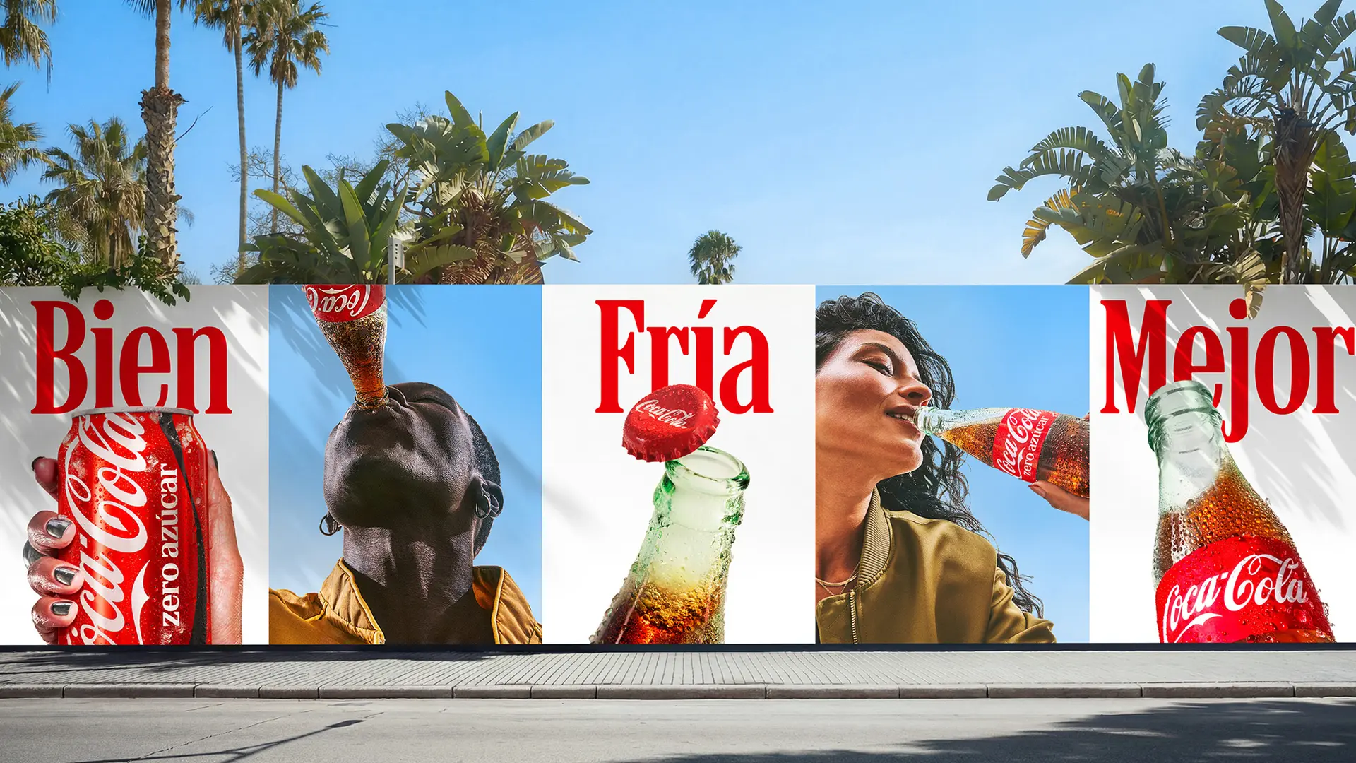 Coca‑Cola outdoor campaign — Bien Fría Mejor (four‑panel billboard)