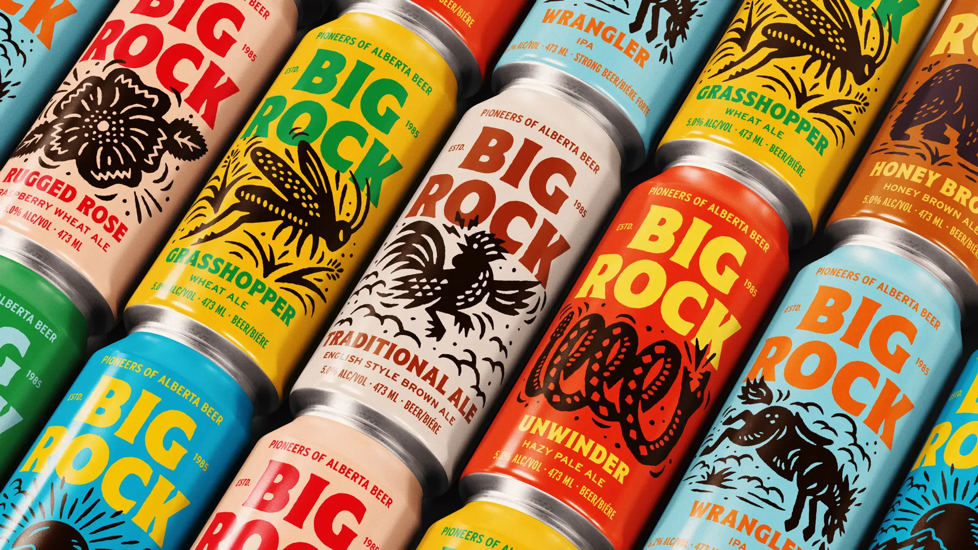 Big Rock beer can packaging — colorful illustrated cans arranged in diagonal grid