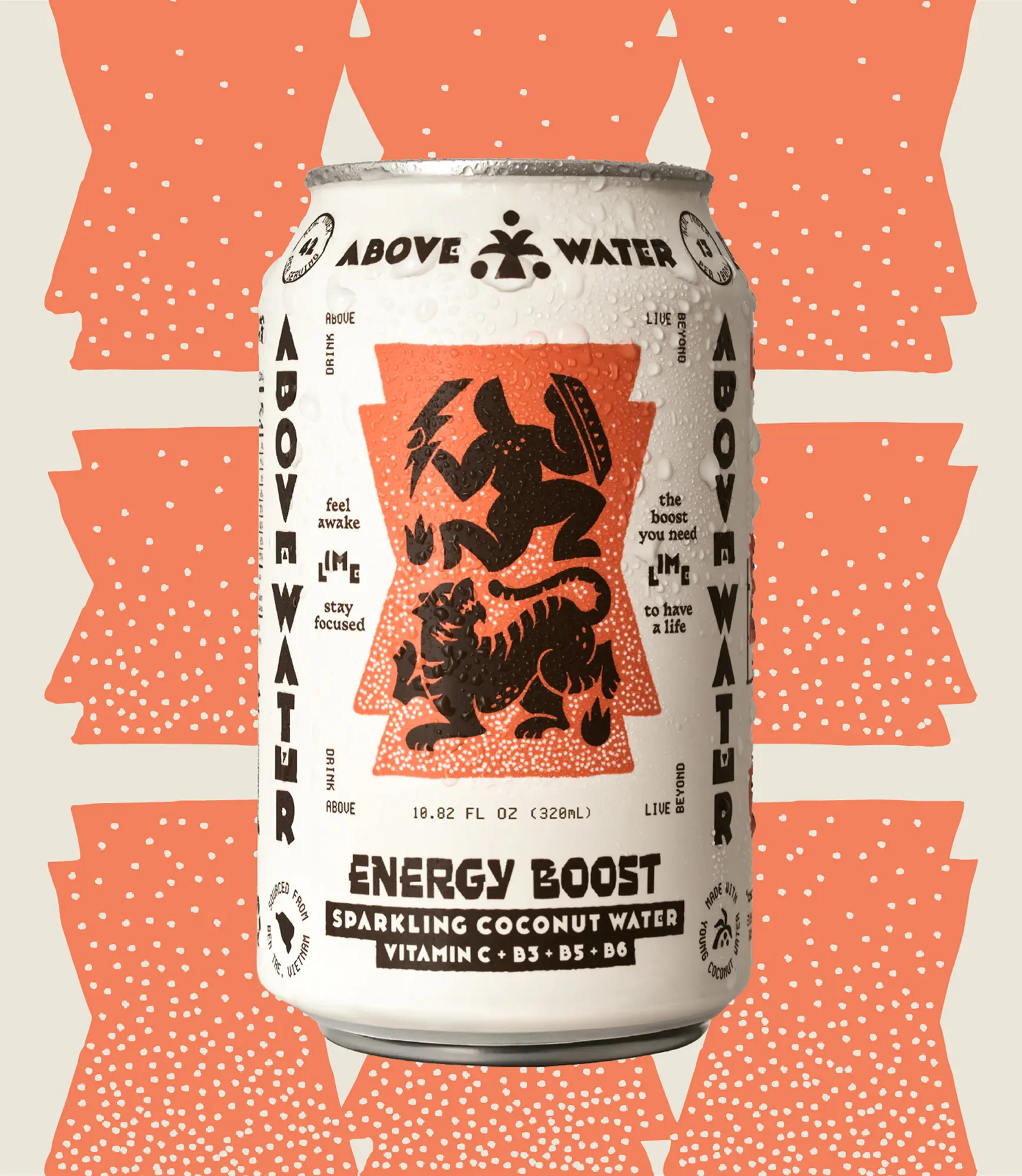 Above Water — Energy Boost sparkling coconut water can (white with coral illustration)
