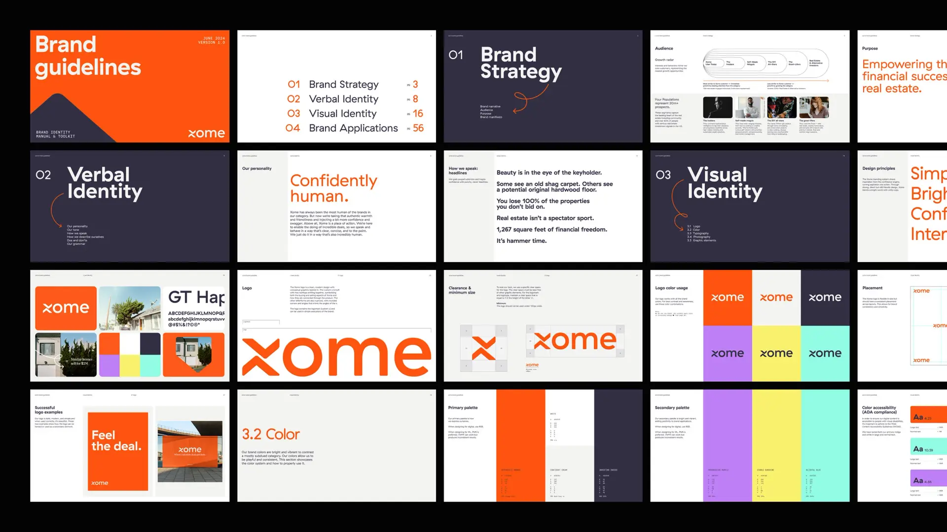 Xome brand guidelines — multi-page identity spread