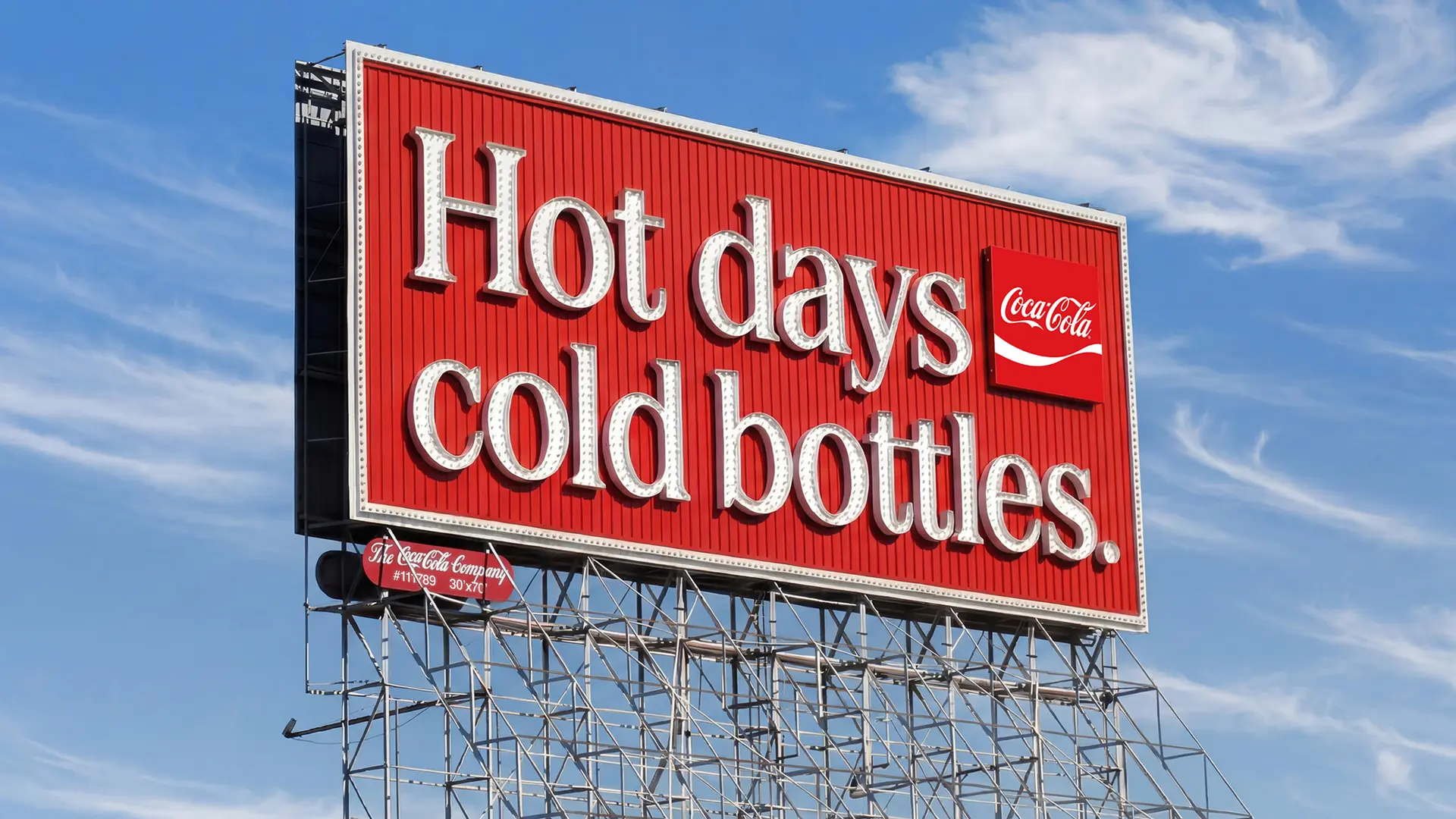 Coca‑Cola billboard — "Hot days cold bottles." (outdoor ad, Atlanta)