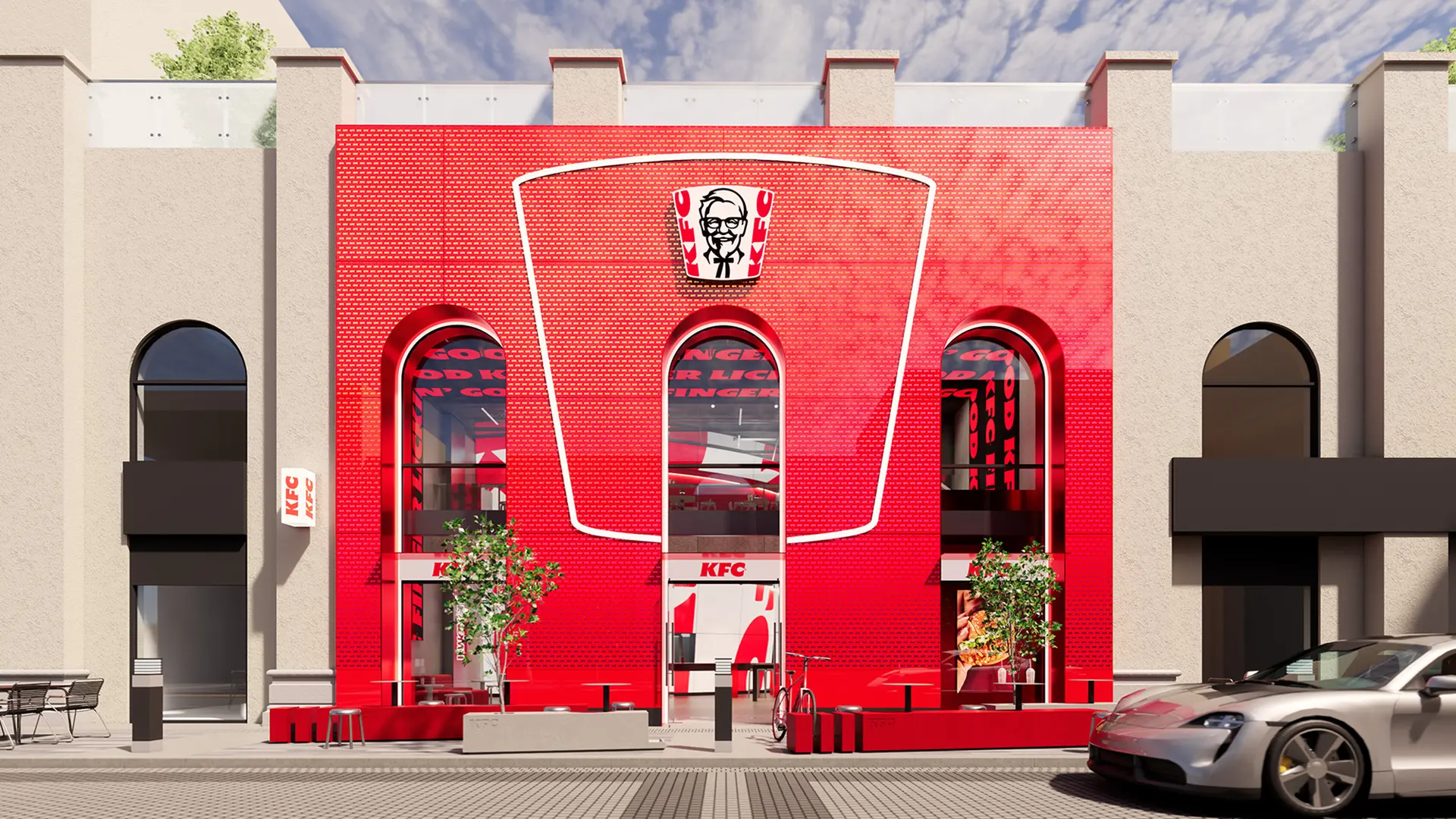KFC concept store exterior (2026) — red perforated façade with bucket outline