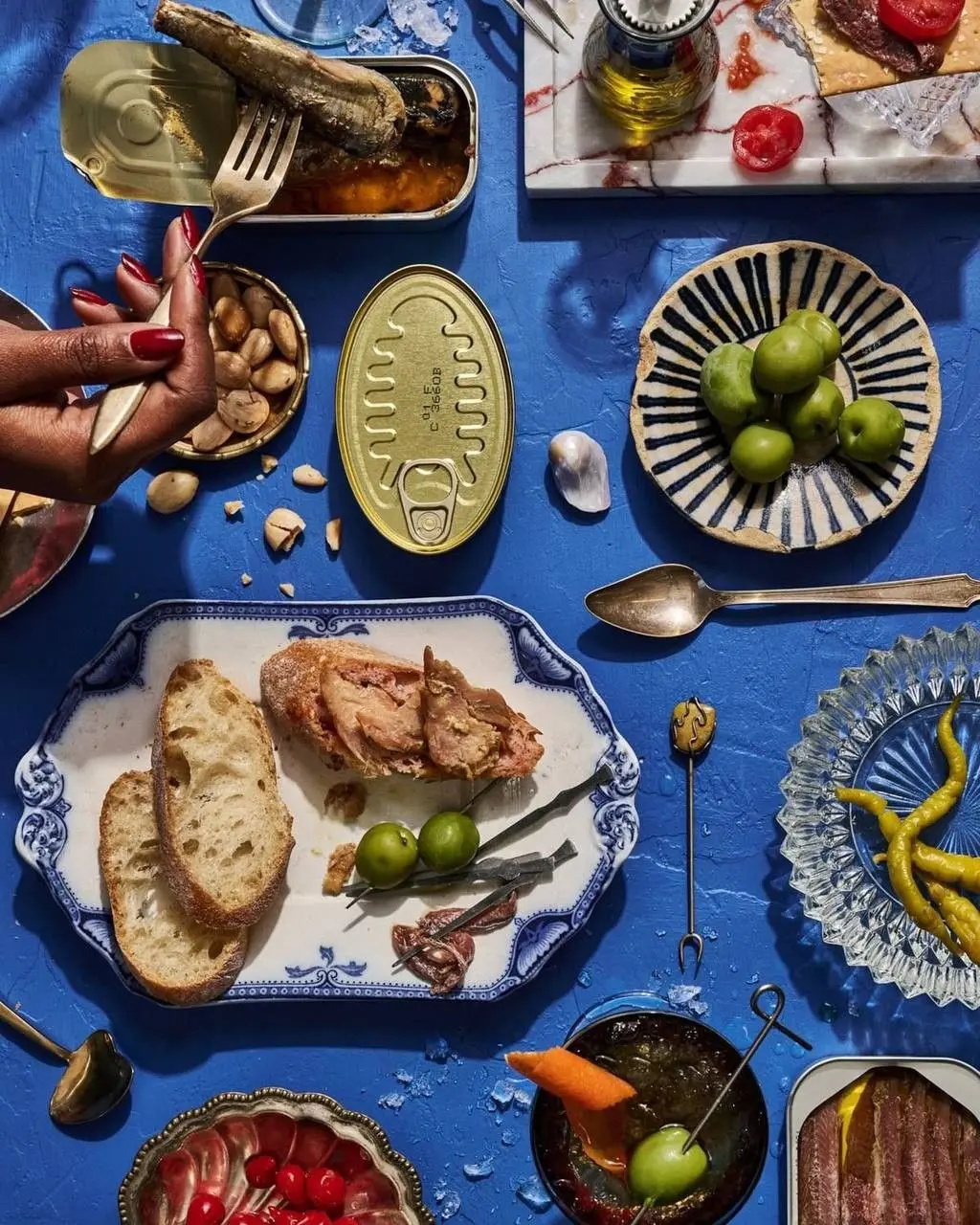 Cobalt Flatlay: Tinned Sardines, Sourdough and Green Olives