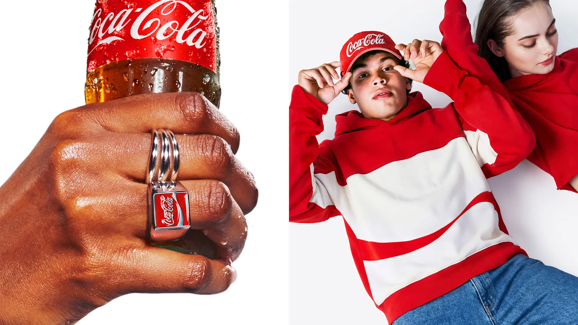 Coca‑Cola merchandise — bottle close-up and red‑and‑white apparel