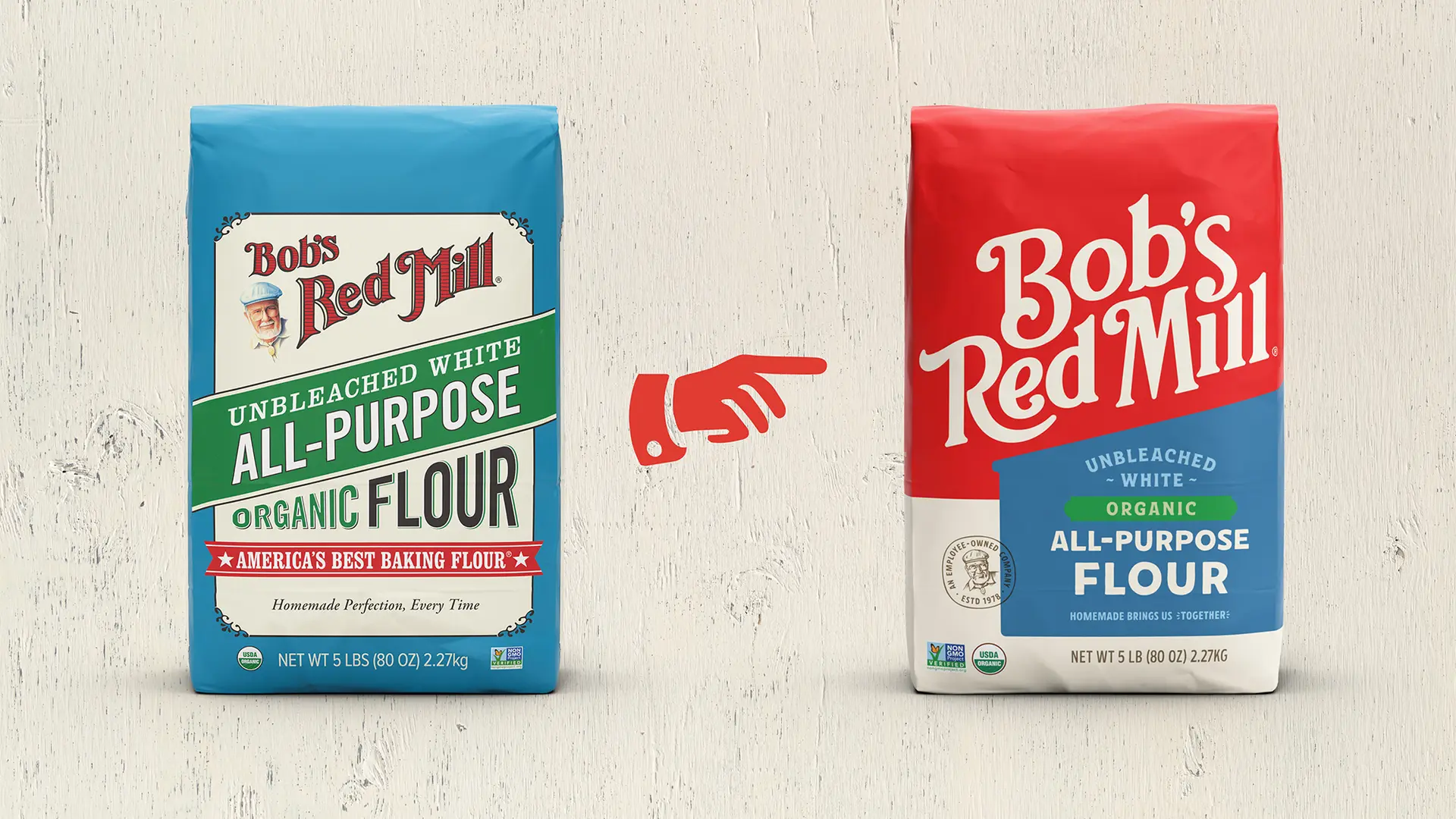 Bob's Red Mill flour packaging — before and after