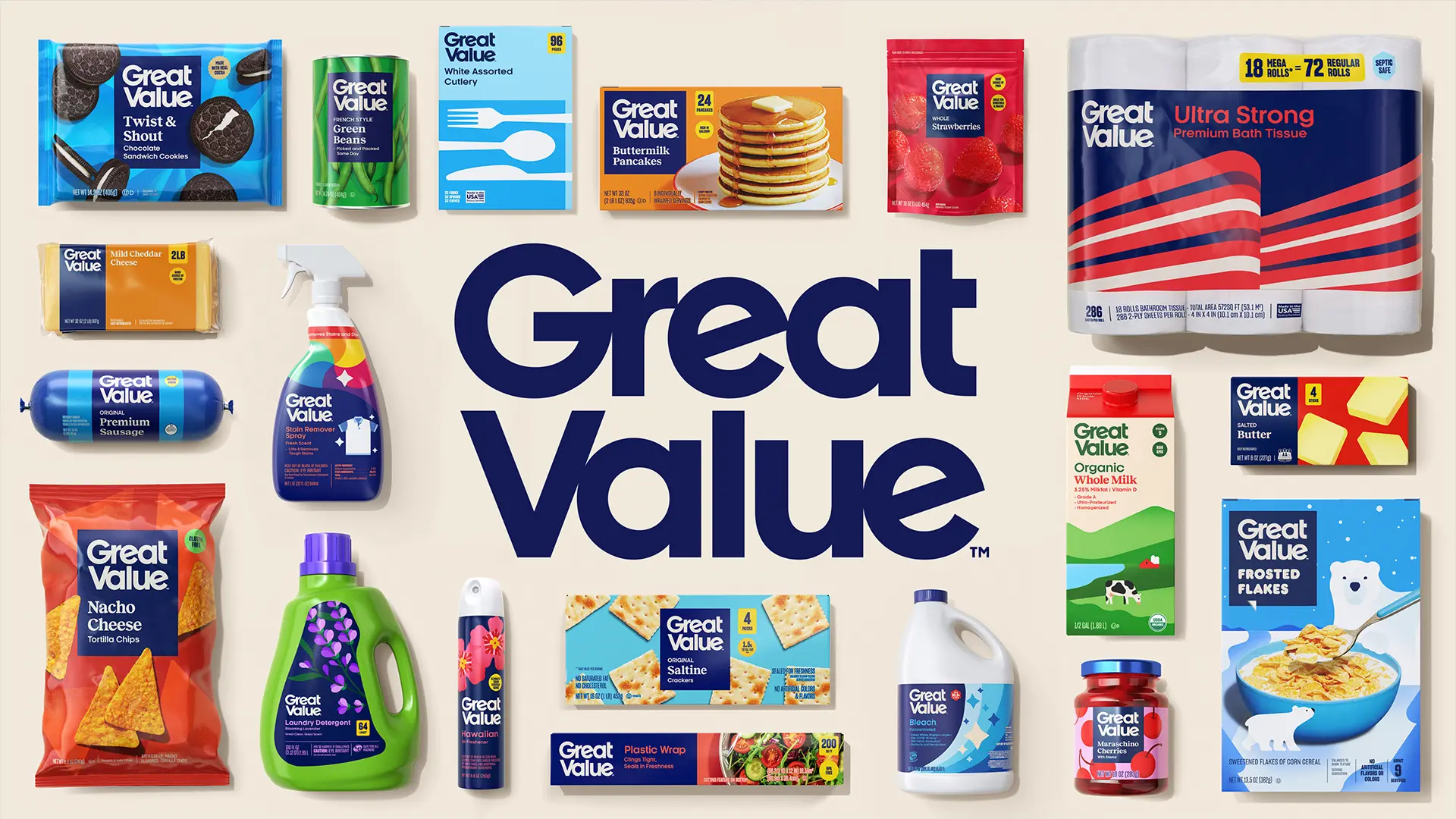 Great Value packaging family — product lineup with central logo
