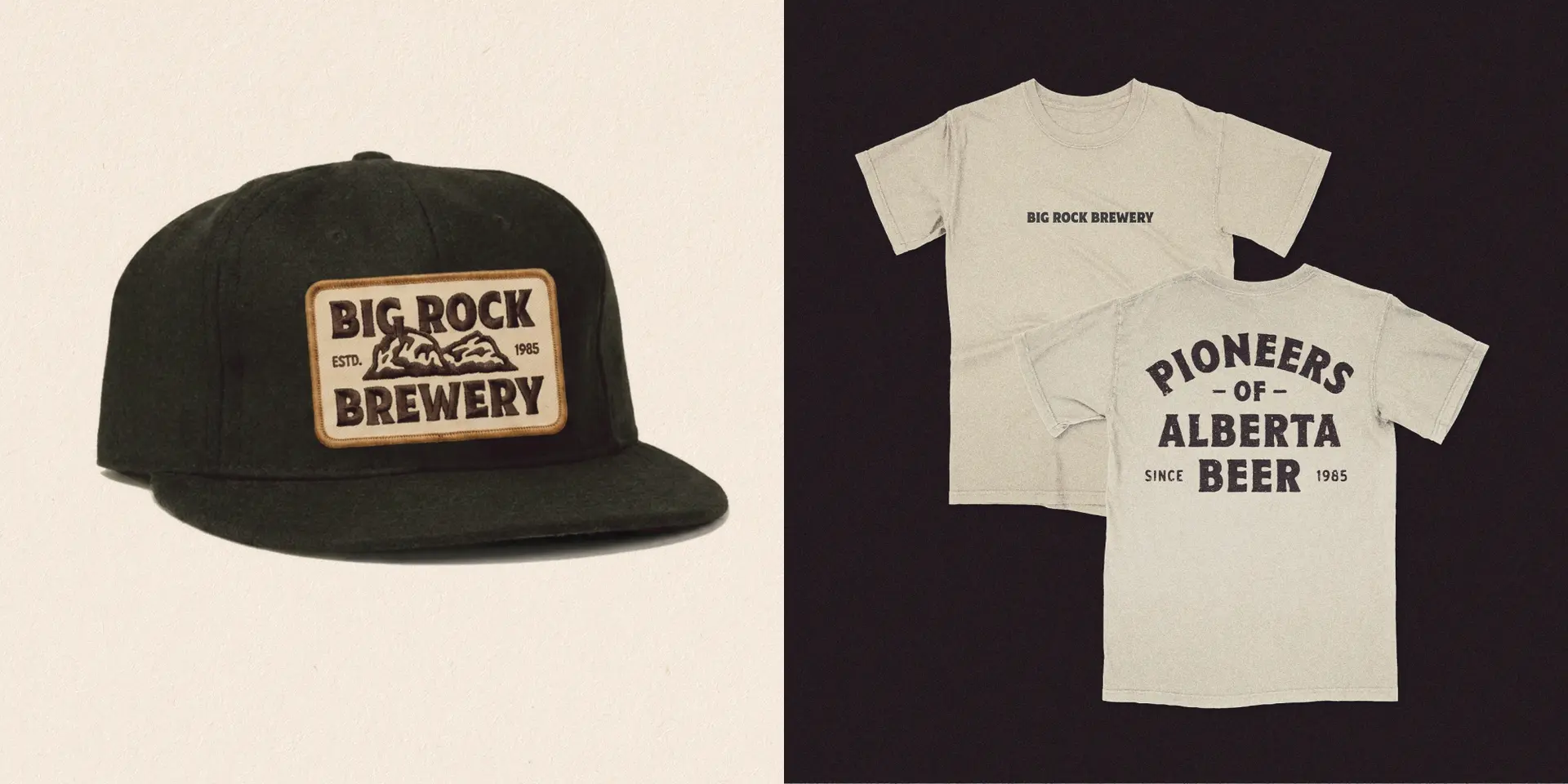 Big Rock Brewery merchandise — cap with leather patch and cream T‑shirts