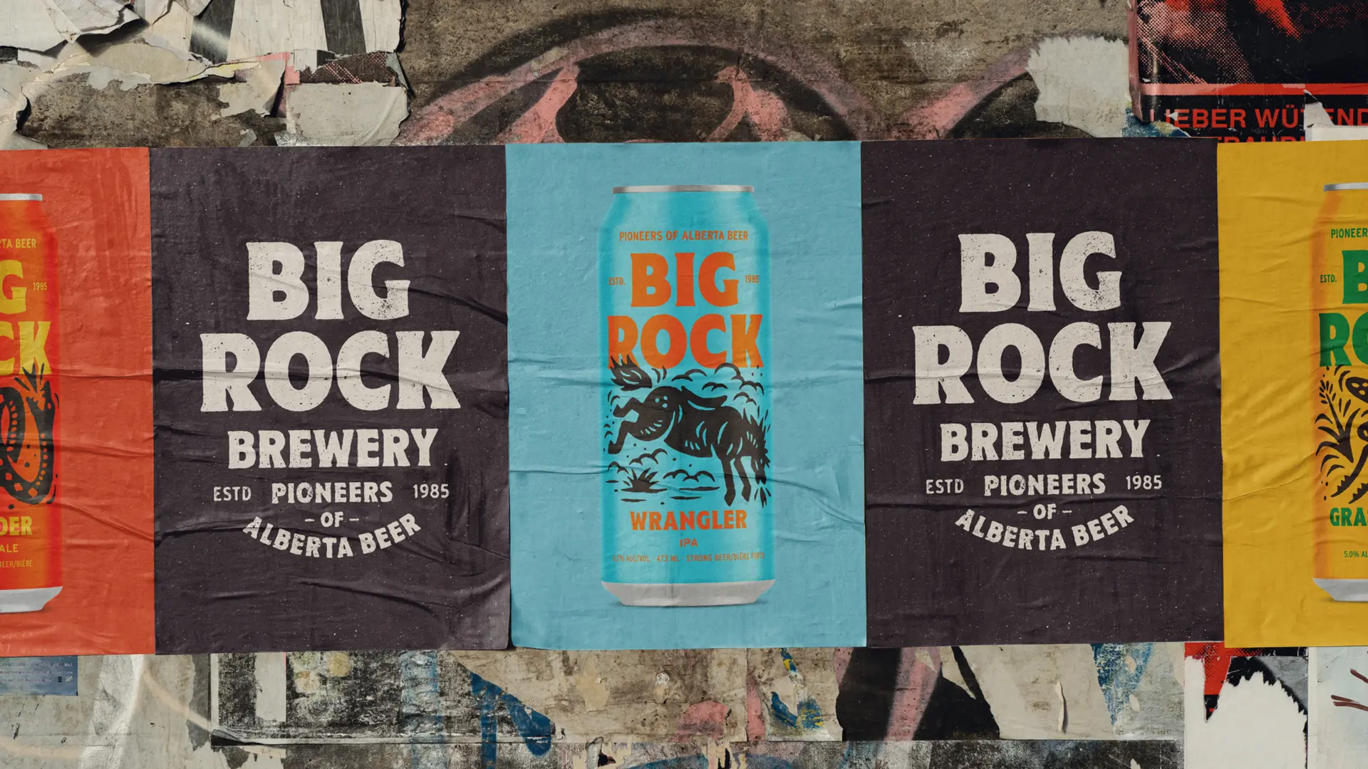 Big Rock Brewery wheatpaste posters — turquoise Wrangler can and brand lockups