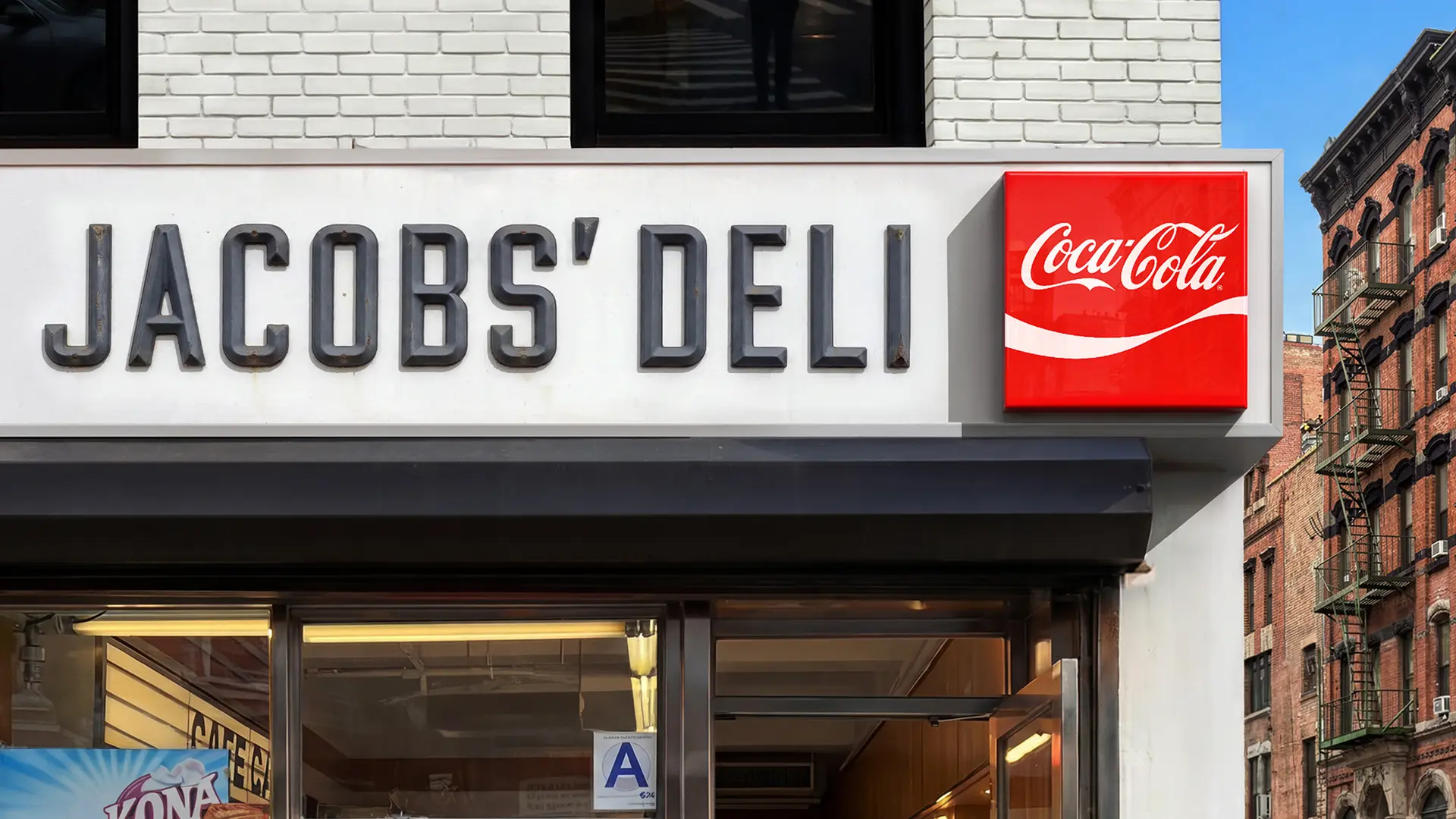 Jacobs' Deli storefront with red Coca-Cola box sign