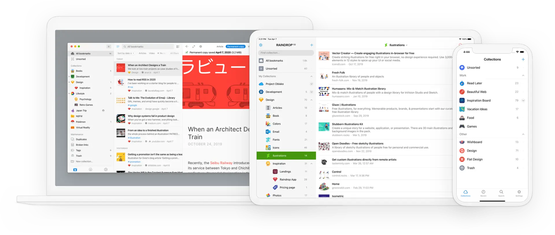 Raindrop.io device mockups showing bookmark manager UI