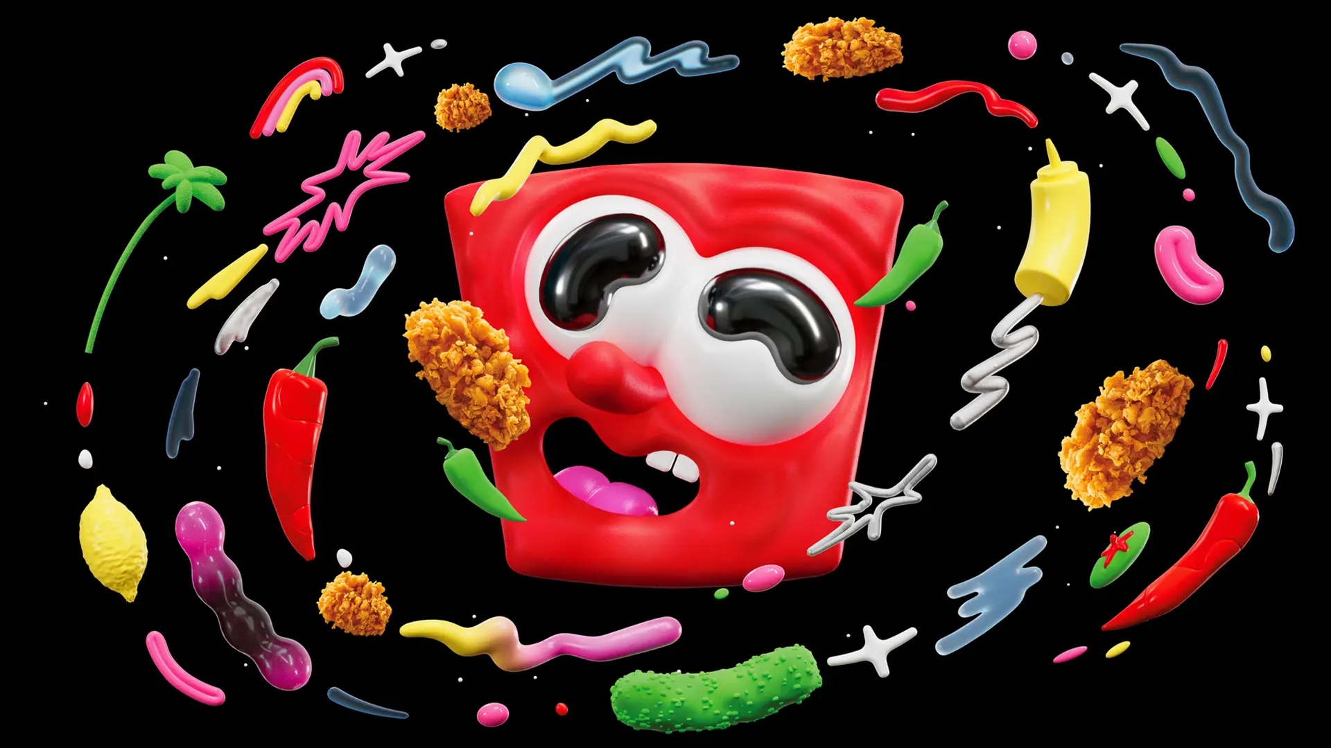KFC-inspired glossy red mascot with floating fried chicken and colorful sauce splashes (3D