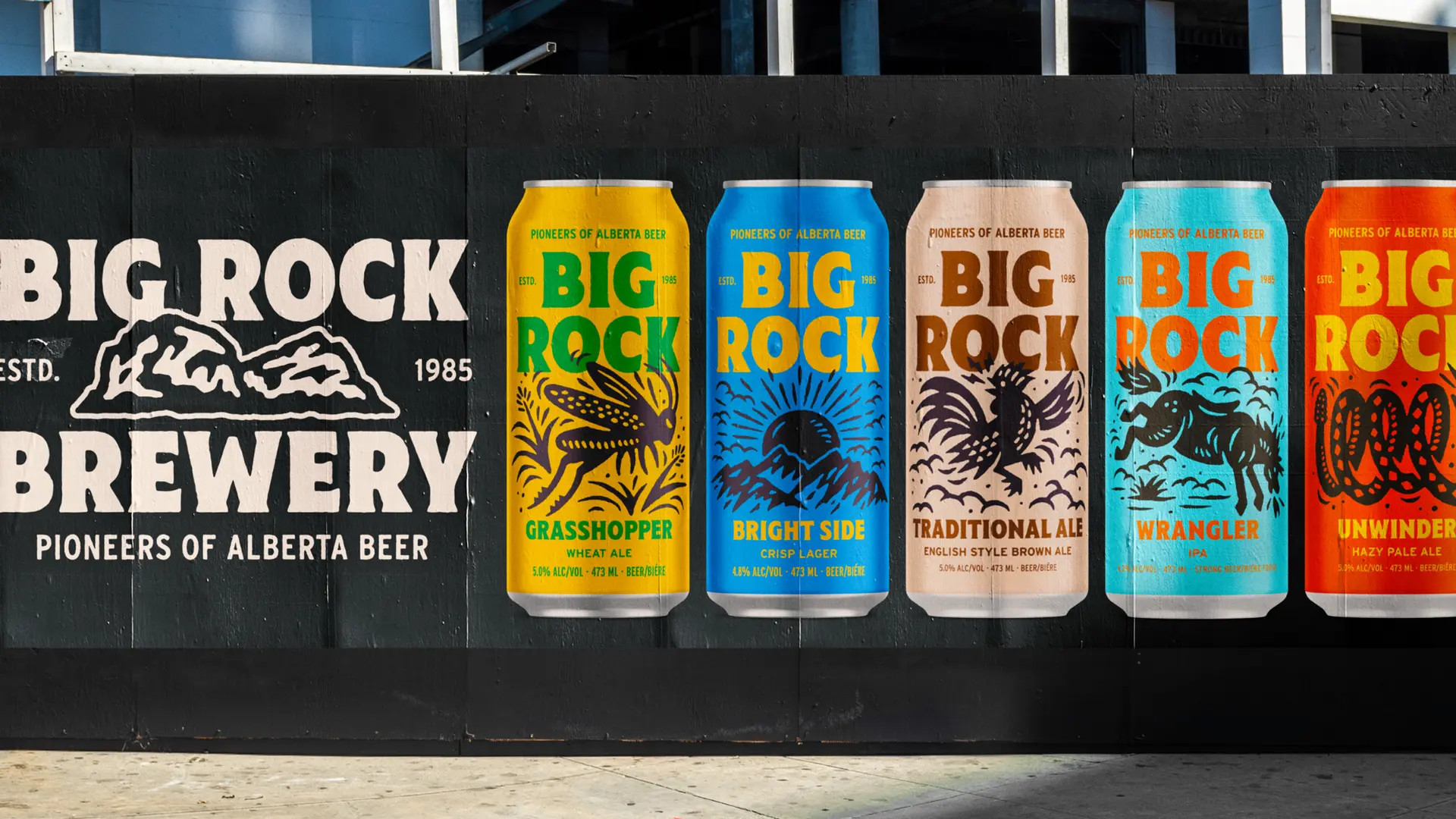 Big Rock Brewery mural with large illustrated beer cans