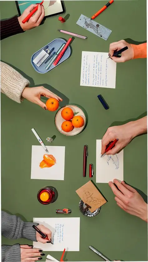 Overhead flat-lay of collaborative sketching with pens and mandarins on green table
