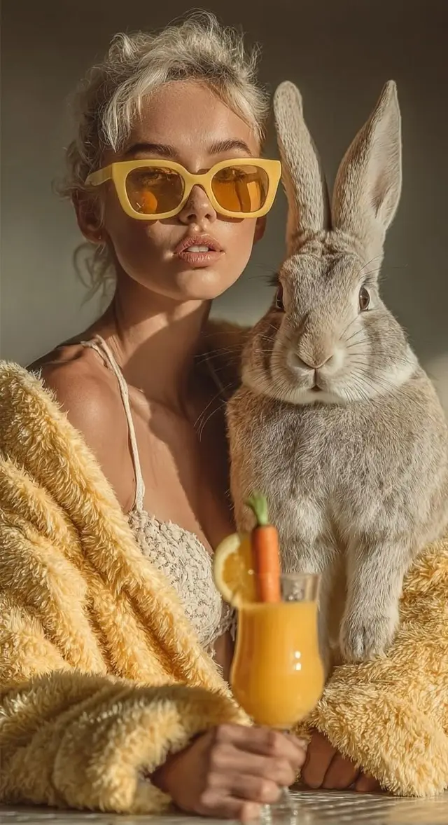 Golden-hour fashion portrait with rabbit and carrot smoothie
