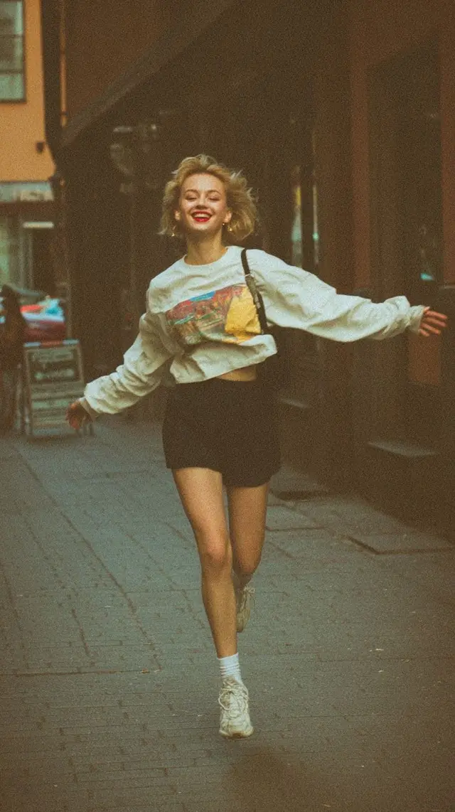 Woman in oversized graphic sweatshirt running on narrow city street — vintage film look