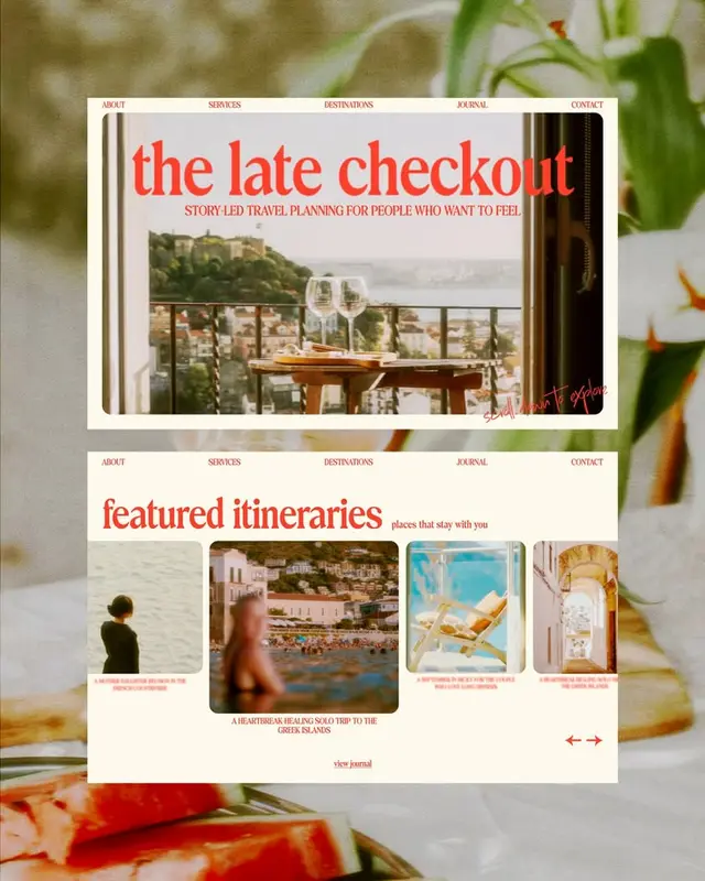 The Late Checkout — editorial travel website homepage mockup