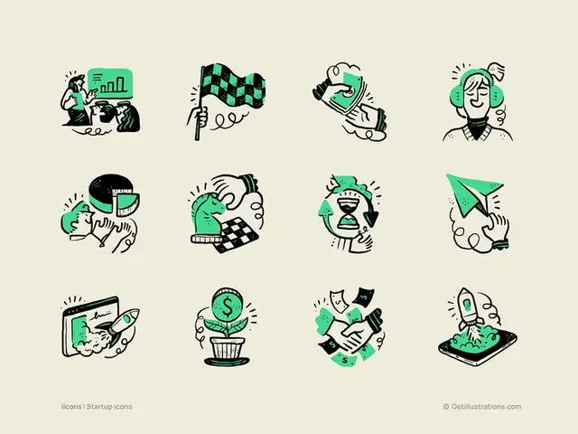 Set of 12 hand-drawn startup icons — mint & black on cream