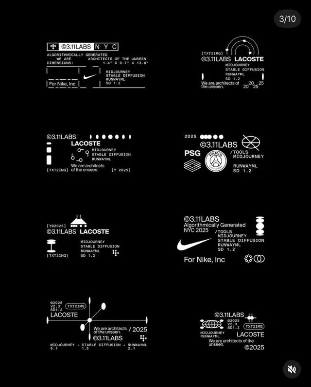 Monochrome AI brand-stamp grid with Lacoste, Nike, PSG and 3.11LABS labels
