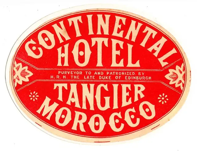 Vintage Continental Hotel Luggage Label — Tangier, Morocco (red oval)