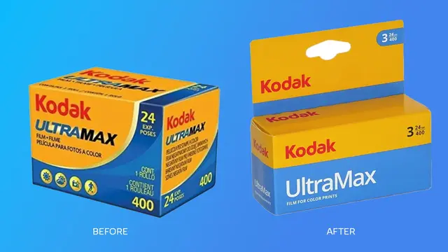 Kodak UltraMax packaging redesign — before and after (DIELINE)