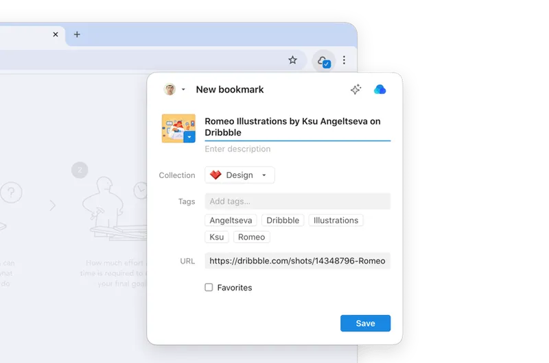 Browser extension bookmark popup showing Dribbble shot saved to Design collection