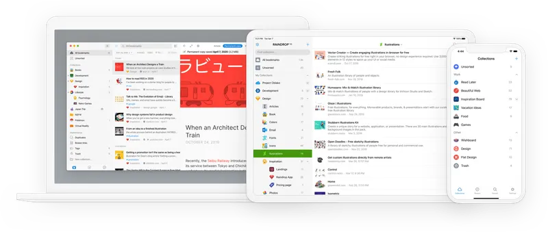 Raindrop.io device mockups showing bookmark manager UI
