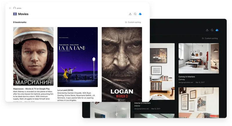 Raindrop.io bookmarks UI — Movies collection (The Martian, La La Land, Logan) with dark‑UI