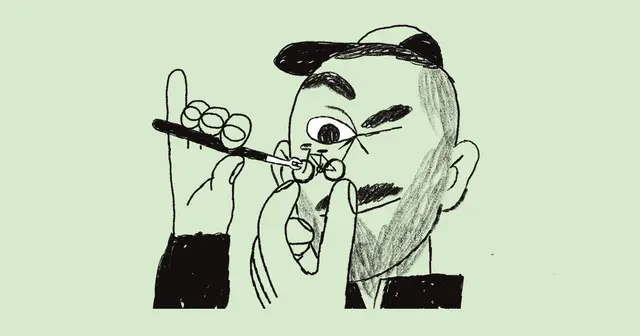 Mailchimp page illustration — hand-drawn man inspecting a tiny mechanical model