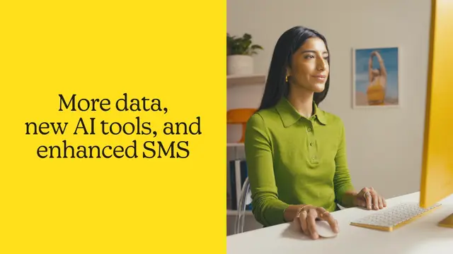 Mailchimp 'What’s New' hero banner — "More data, new AI tools, and enhanced SMS"