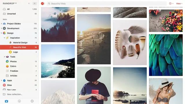 Raindrop.io visual bookmark manager — 'Beautiful Web' collection