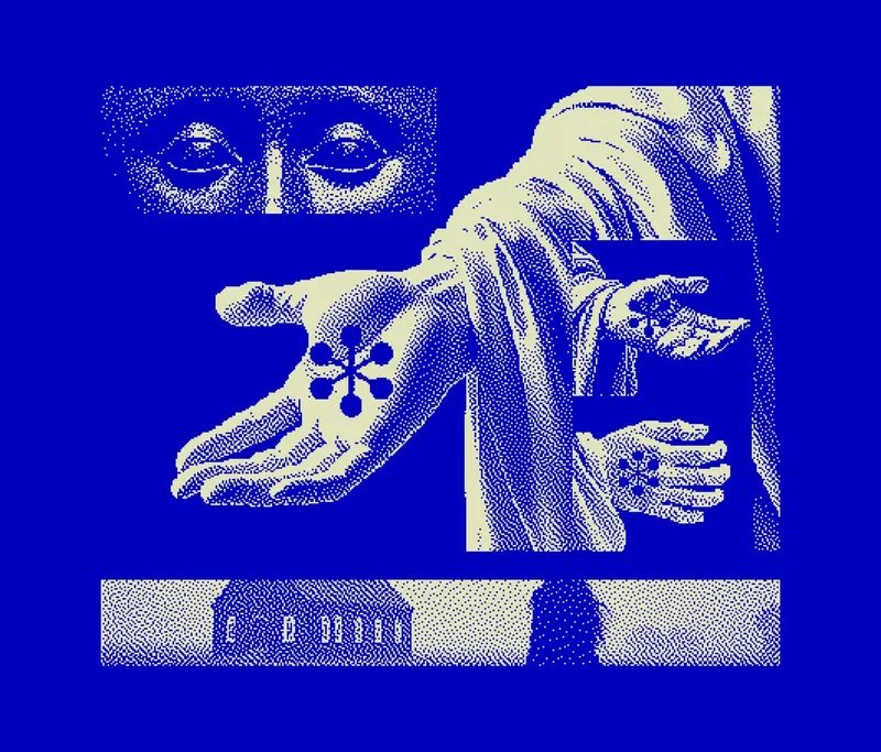 Duotone Halftone Collage: Outstretched Hand with Radial Motif