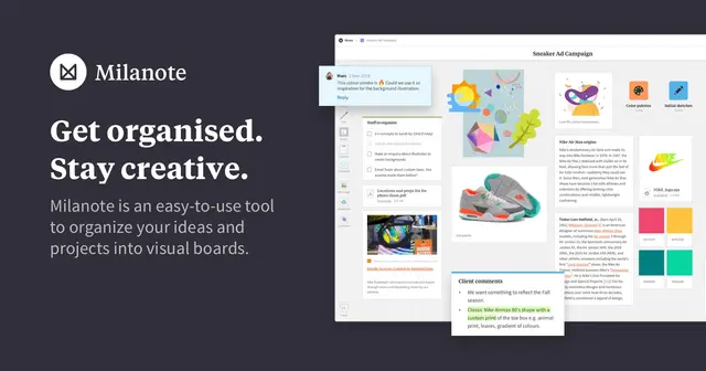 Milanote hero: visual boards and moodboard UI (Sneaker Ad Campaign)