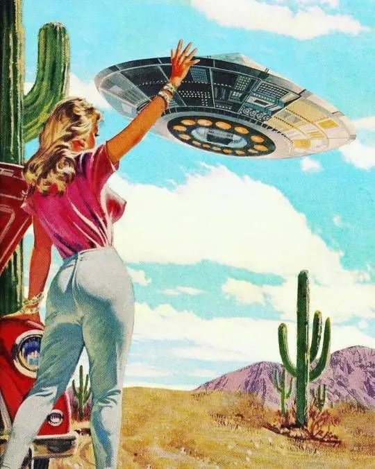 1950s Pulp Illustration — Woman Waving at Flying Saucer over Desert