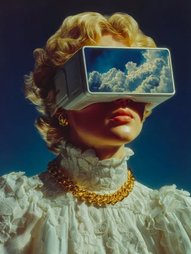Retro-futuristic portrait: person in lace blouse wearing VR headset showing cloud sky