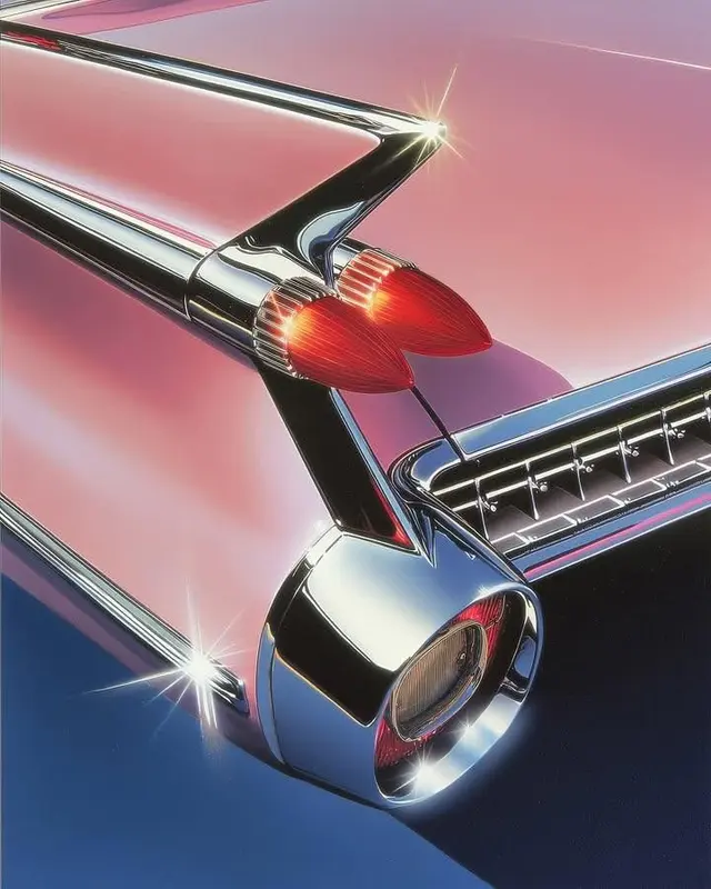 1950s‑inspired pink car tailfin with chrome bullet taillights