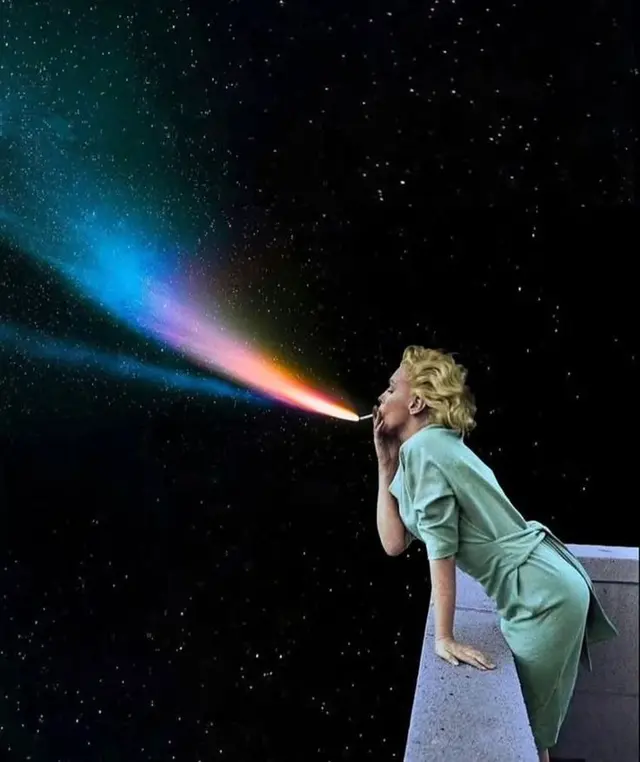 Requiem of a dream — person in light green dress blowing rainbow beam into starry sky (psy