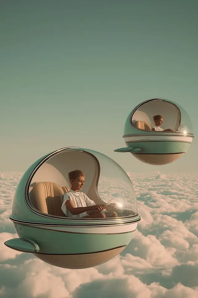 Retro-futuristic spherical passenger capsules floating above clouds