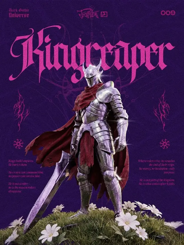 Kingreaper — Gothic knight poster with magenta logotype