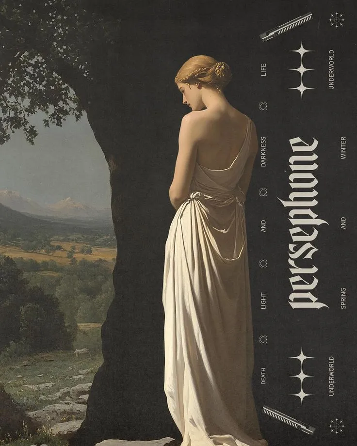 Persephone — classical figure at cave framed by landscape with gothic typography