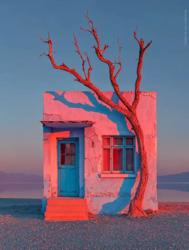 Pink-lit Desert Cottage with Turquoise Door and Leafless Tree