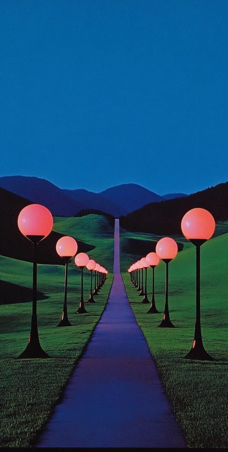 Symmetrical Neon-Lit Path with Glowing Globe Lamps and Distant Obelisk